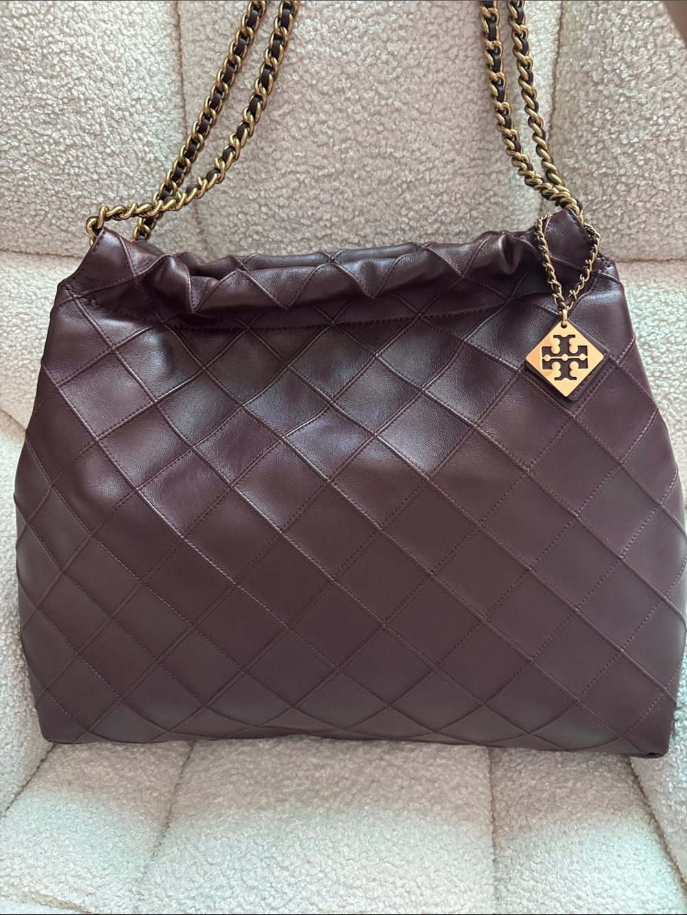 Tory Burch Quilted Leather Shoulder Bag in Wine with Gold Chain- Large Fleming